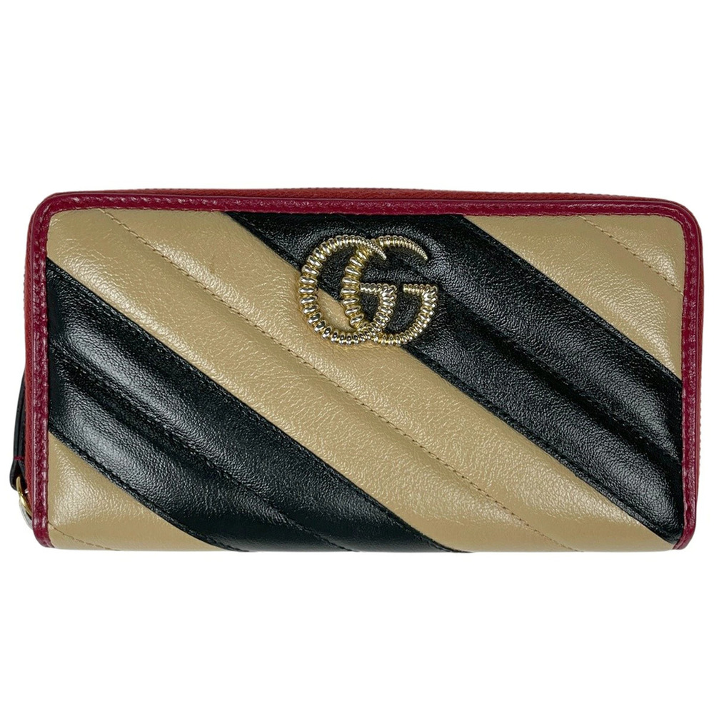 Gucci GG Marmont Zip Around Wallet Long Double G Leather Red Multicolor
